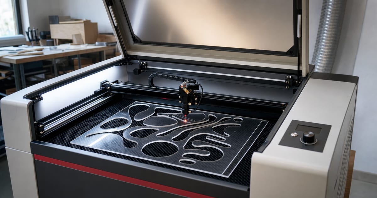A large enclosed CO2 laser cutter with the lid open, an acrylic sheet on the honeycomb bed being cut into abstract shapes.