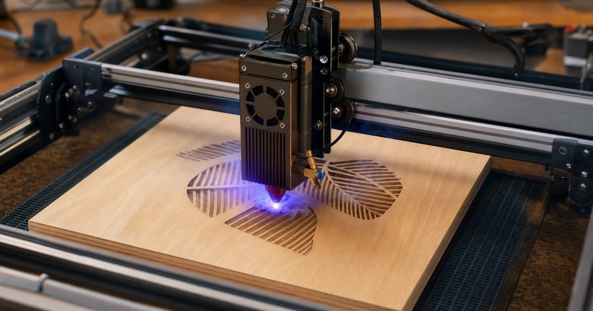 A powerful open-frame diode laser engraver mid-cut on a plywood sheet, the high-power laser module head glowing blue with a small smoke plume.