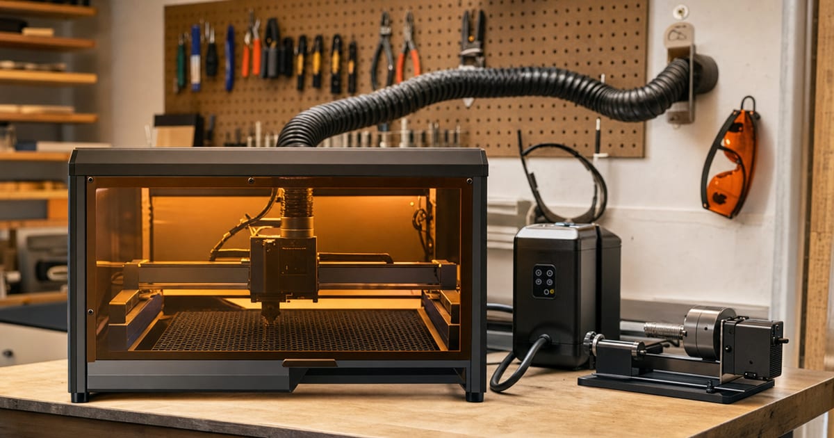 A well-equipped laser engraving workstation in a converted garage with an enclosed engraver, air-assist pump, ducting to a wall vent and safety glasses on a hook.