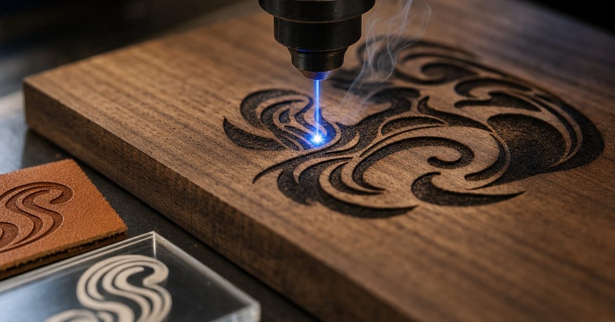 Close-up of a laser engraving an abstract swirling pattern into walnut wood, a fine plume of smoke rising from the surface.
