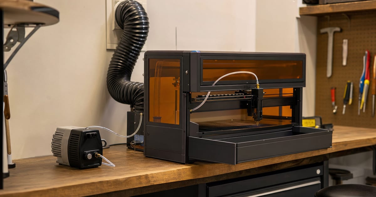 A laser engraver enclosure with ducting running to an outside vent.