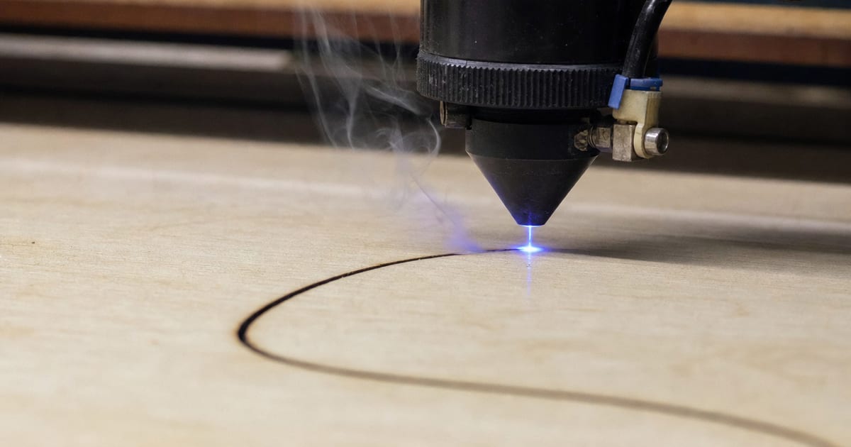 A diode laser engraving a wooden board with a faint blue glow.