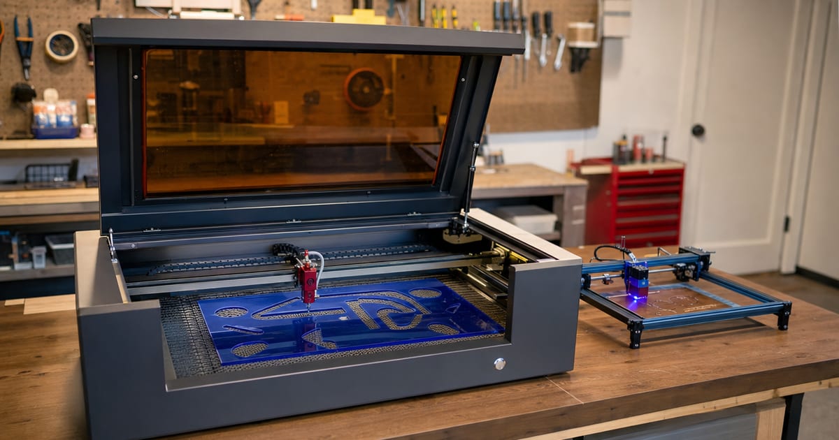 A desktop CO2 laser cutter with the lid open over a sheet of material.
