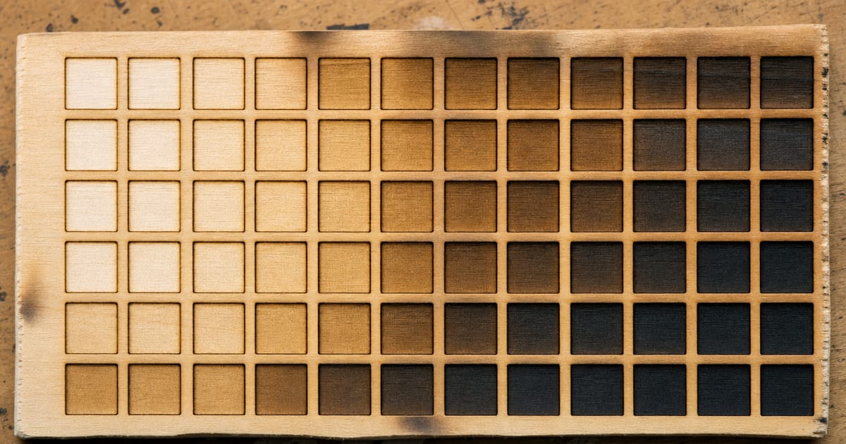 A scrap board showing a grid of laser test marks at different settings.