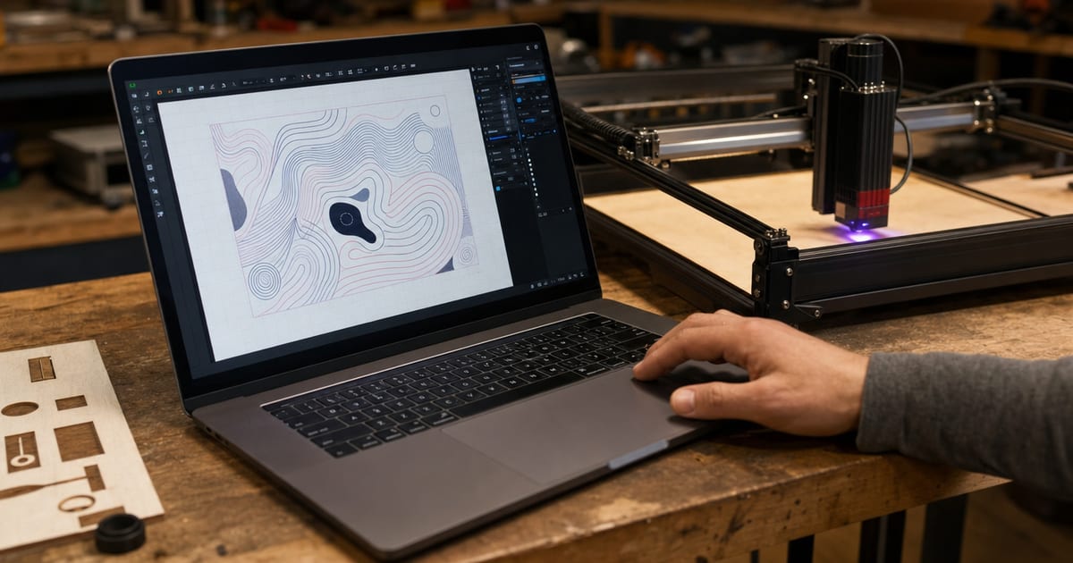 A laptop running laser design software next to an engraver.