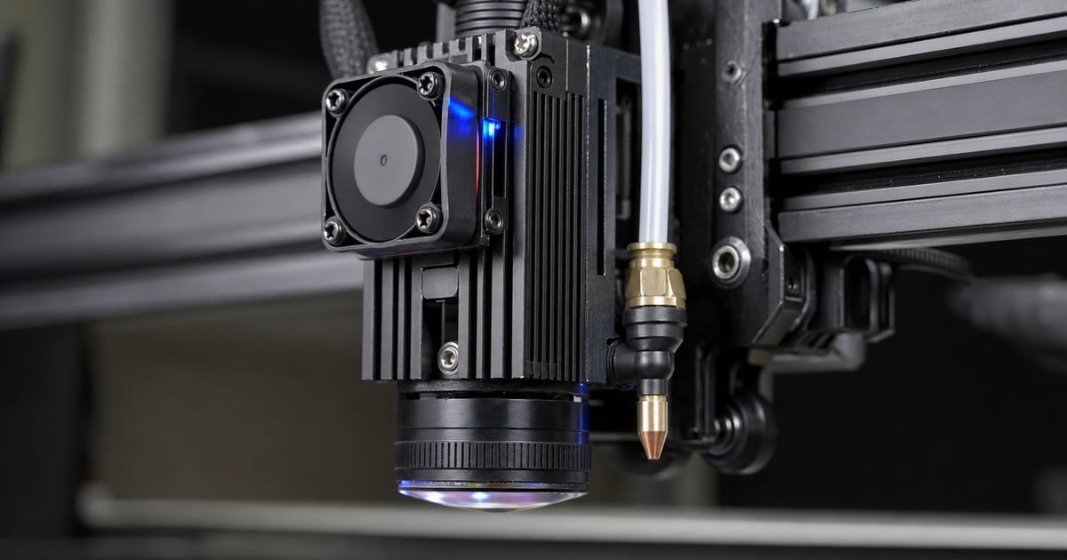 Close-up of a diode laser module mounted on an engraver gantry.