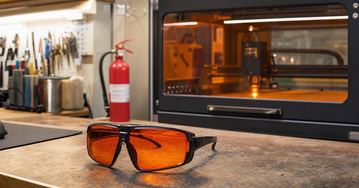 Laser safety glasses resting on a workbench beside a laser engraver.