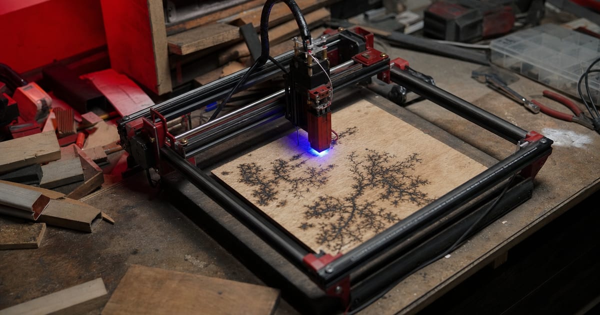 A compact diode laser engraver on a workbench.