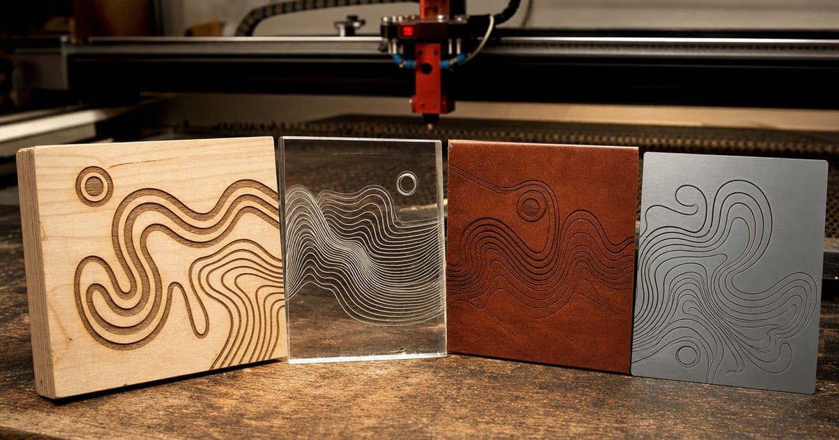Different laser-engraving materials laid out on a bench — birch wood, acrylic, leather and anodized aluminium — each carrying an abstract engraved pattern.
