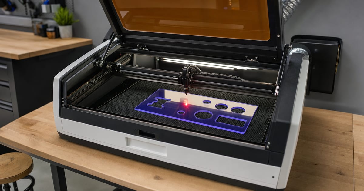 An enclosed desktop CO2 laser cutter with the lid open, a sheet of acrylic on the bed and an exhaust duct at the rear.
