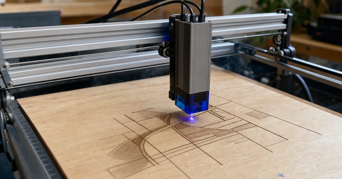 An open-frame diode laser engraver with an aluminium gantry engraving a faint pattern into plywood, a blue beam glowing at the laser head.