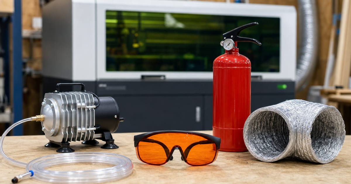 Laser engraver safety gear on a workbench — wavelength-rated safety glasses, an air-assist pump, ducting and a small fire extinguisher.