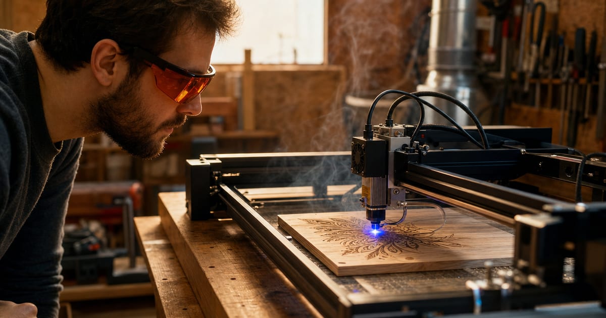 A maker in laser safety glasses watching a compact open-frame diode laser engraver work a wooden board on a home workshop bench.